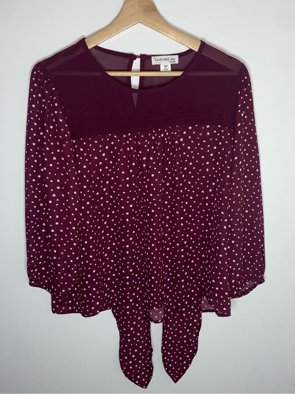 Faith and Joy Burgundy and White Polka Dot Tie-Front Blouse